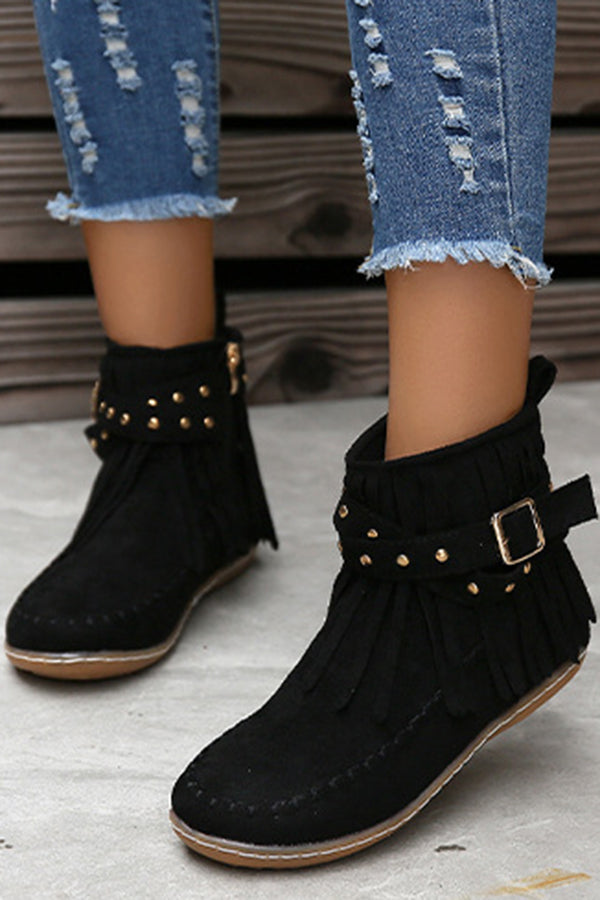 Casual Warm Solid Color Side Zipper Low-Cut Tassel Flat Ankle Boots NewGew