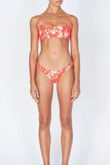 Lachsfarbenes, gerüschtes, kurzes Bikinioberteil mit U-Ausschnitt und Blumenmuster