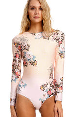 Einteiliger Badeanzug mit hohem Ausschnitt und langen Ärmeln im Vintage-Blumendruck