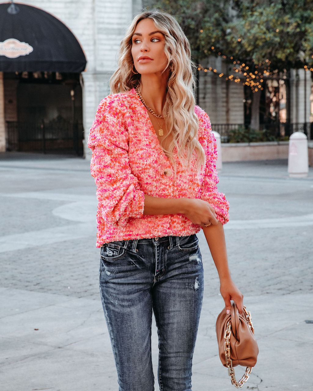 Good Mood – Kurzer Strickcardigan mit Knopfleiste vorne – Rosa/Multi