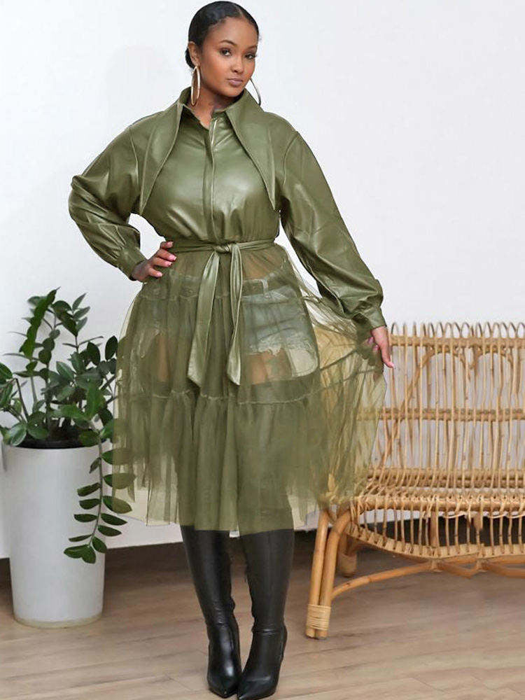Vestidos túnica de malla con retazos de cuero y bolsillos