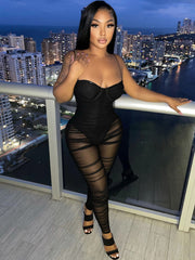 One Piece Mesh Spaghetti Strap Ruched Jumpsuit Newgew