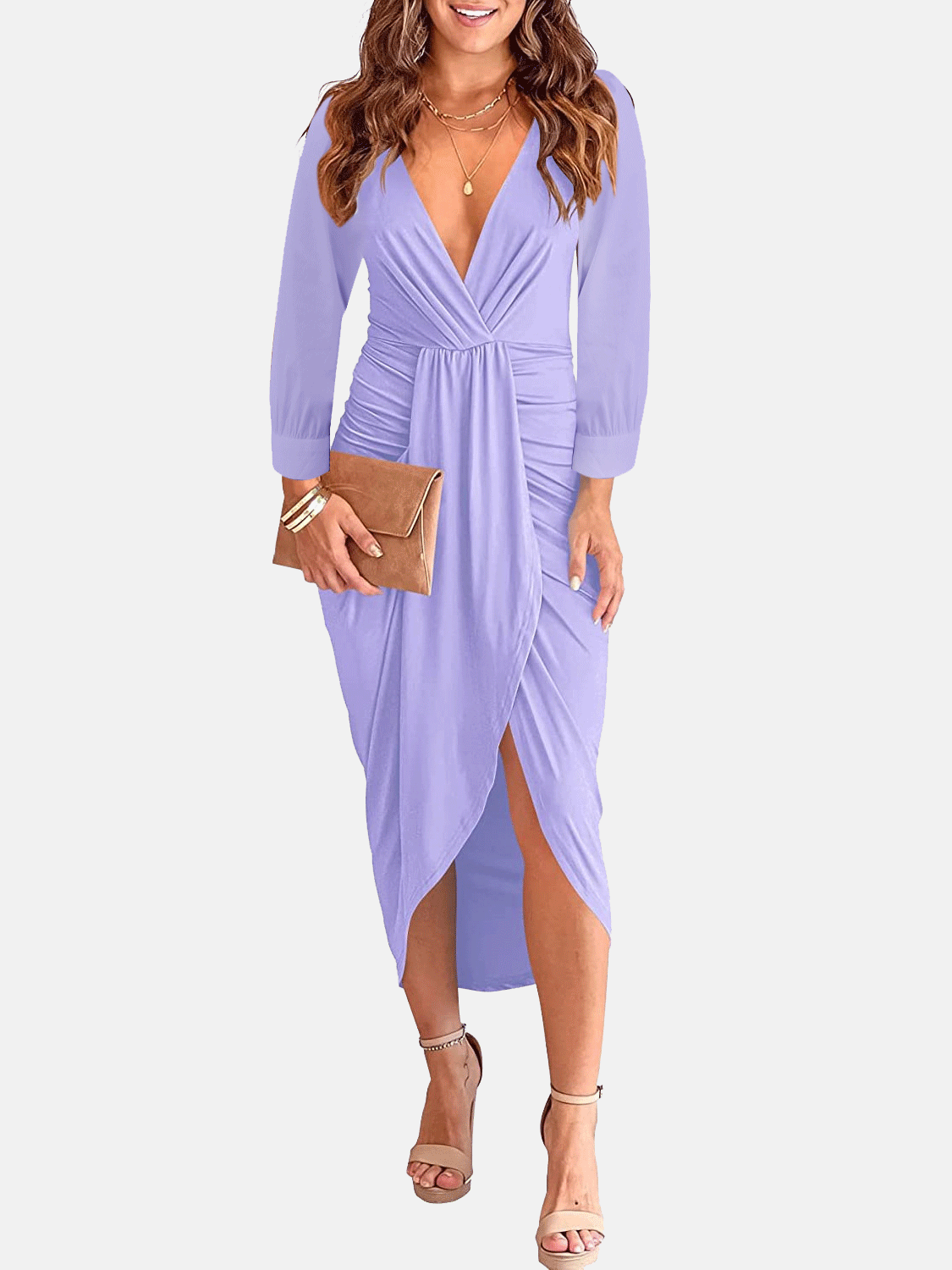 Gerüschtes Midikleid mit tiefem V-Ausschnitt
