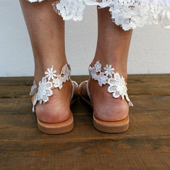 Braut Blumen Riemchen Flache Weiße Hochzeitssandalen