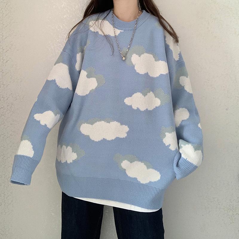 Blaue Wolken Niedliche Ästhetische Lockere Strickweste Pullover