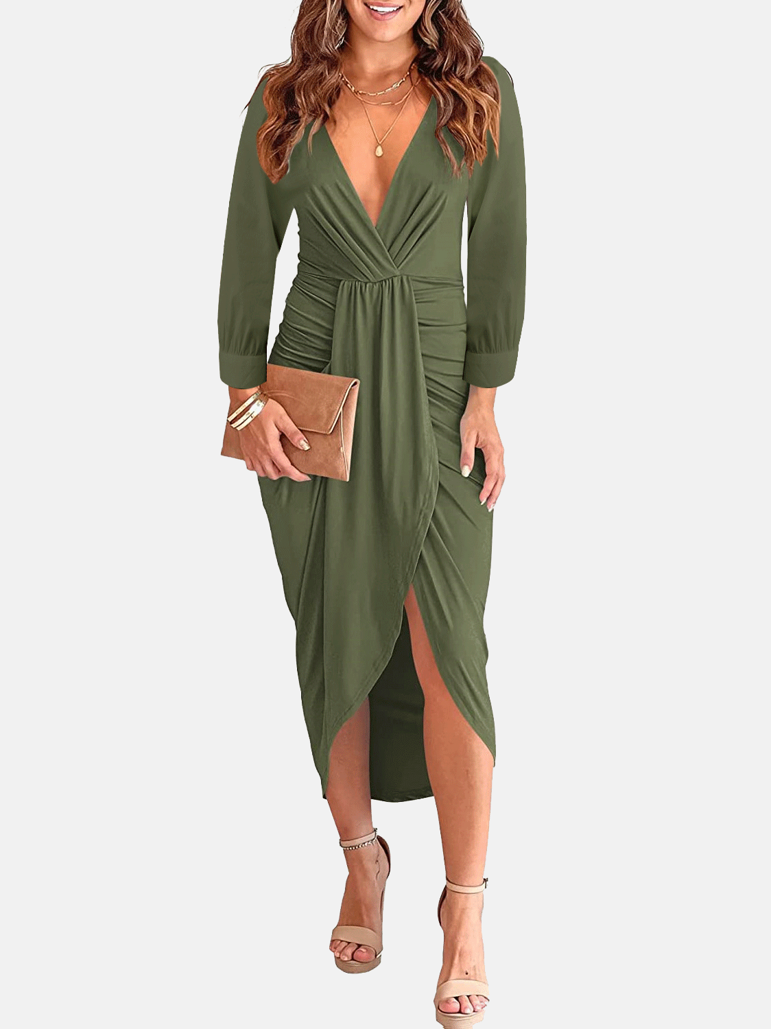 Gerüschtes Midikleid mit tiefem V-Ausschnitt