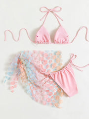 Neckholder-Badeanzug zum Selbstbinden, gepolstert, kontrastierendes Blumenmuster, 3-teilig