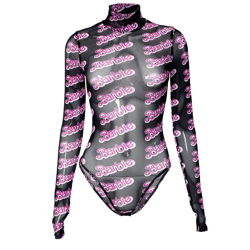 Hochgeschlossener, langärmliger Bodysuit aus transparentem Netzstoff mit Barbie-Print