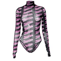 Hochgeschlossener, langärmliger Bodysuit aus transparentem Netzstoff mit Barbie-Print