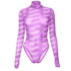 Hochgeschlossener, langärmliger Bodysuit aus transparentem Netzstoff mit Barbie-Print
