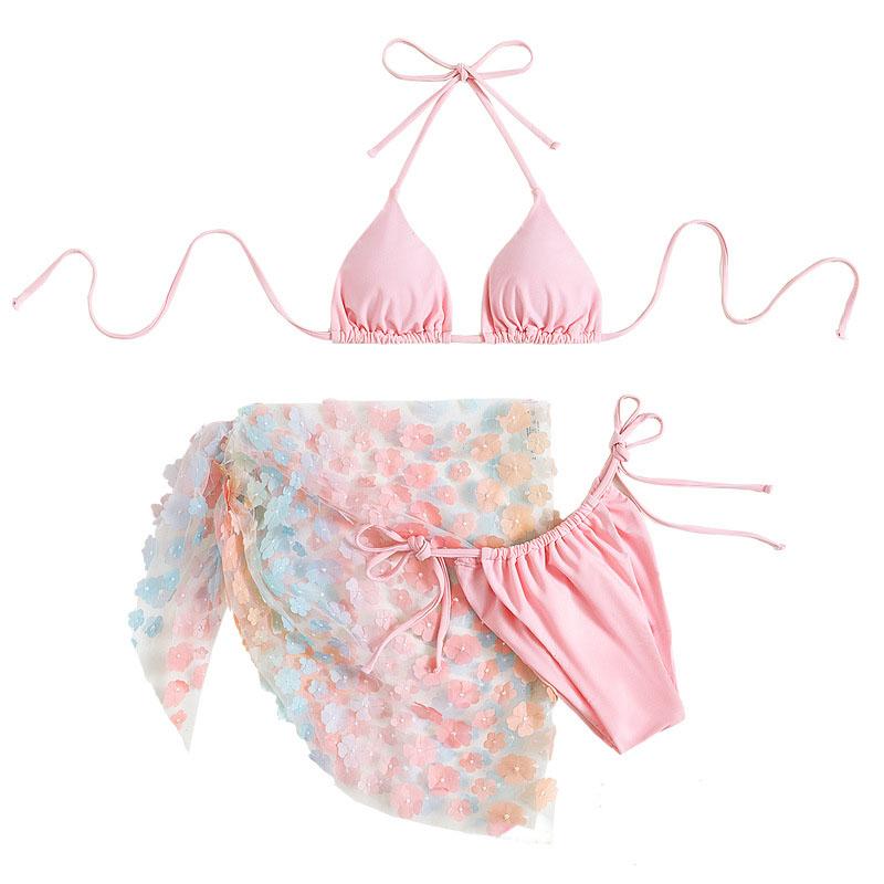 Neckholder-Badeanzug zum Selbstbinden, gepolstert, kontrastierendes Blumenmuster, 3-teilig