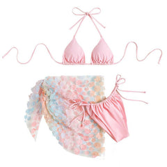 Neckholder-Badeanzug zum Selbstbinden, gepolstert, kontrastierendes Blumenmuster, 3-teilig