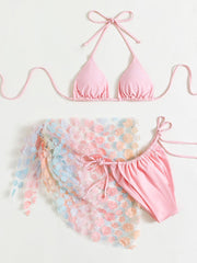 Neckholder-Badeanzug zum Selbstbinden, gepolstert, kontrastierendes Blumenmuster, 3-teilig