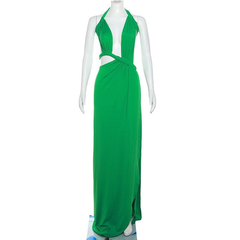 Neckholder-Maxikleid mit unregelmäßigem, einfarbigem Rückenausschnitt, Knoten und Rüschen