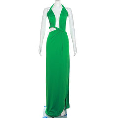Neckholder-Maxikleid mit unregelmäßigem, einfarbigem Rückenausschnitt, Knoten und Rüschen