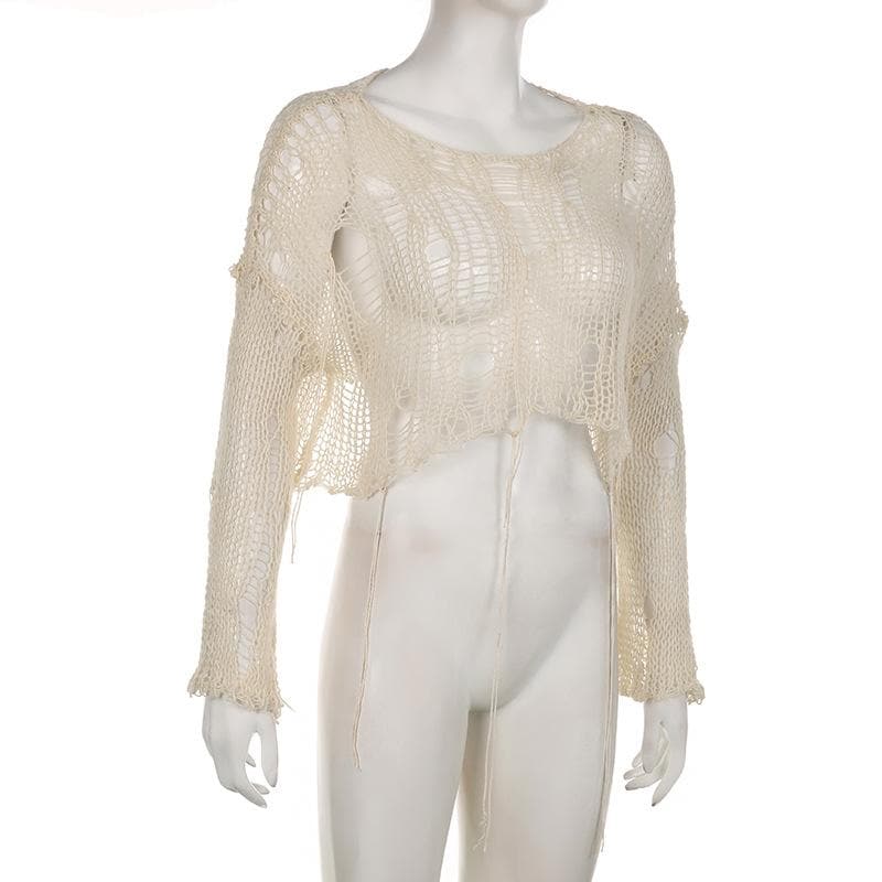 Crochet long sleeve solid hollow out round neck crop top