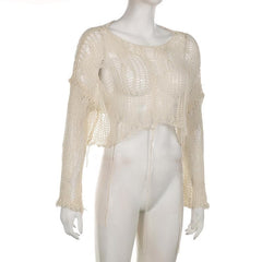 Crochet long sleeve solid hollow out round neck crop top