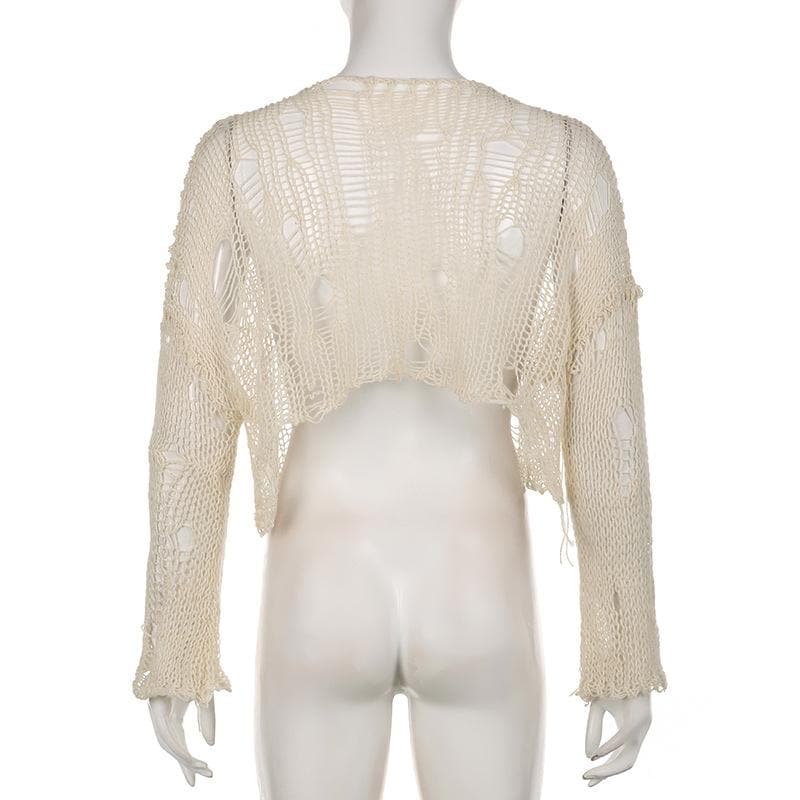 Crochet long sleeve solid hollow out round neck crop top