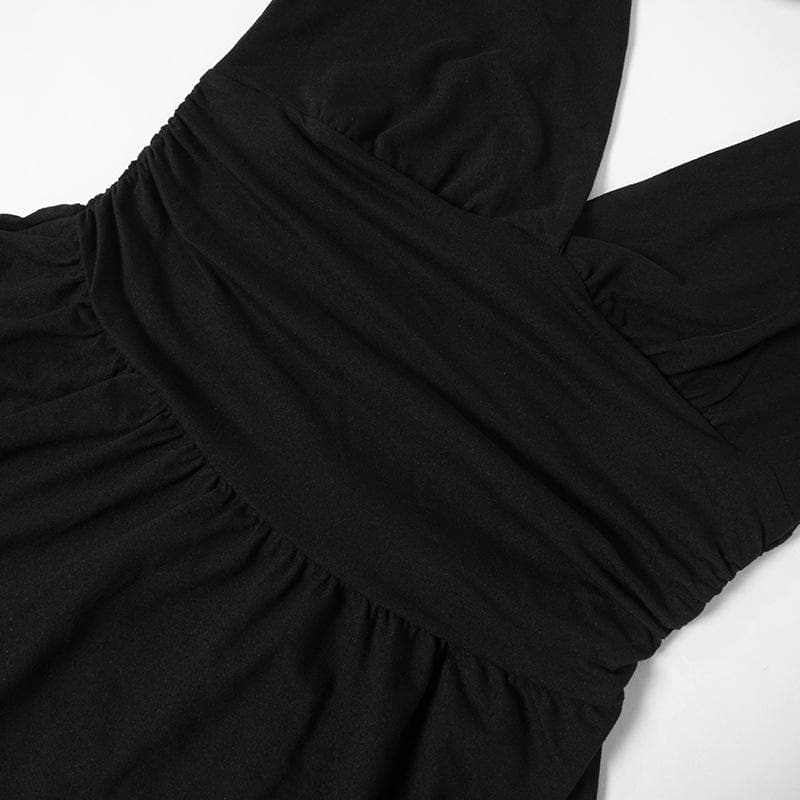 Langes, rückenfreies, einfarbiges Minikleid mit V-Ausschnitt und ausgestellten Ärmeln