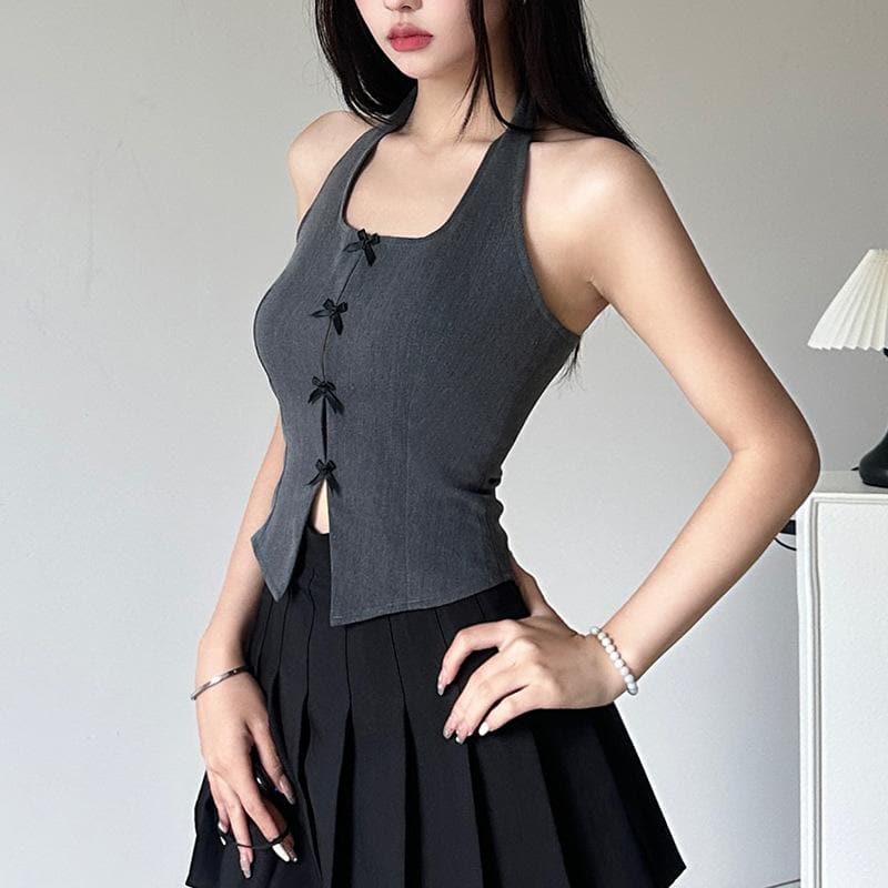 Halter bowknot slit backless zip-up sleeveless crop top