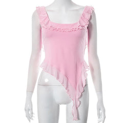 Rückenfreies Oberteil aus einfarbigem Netzstoff mit quadratischem Ausschnitt und Rüschen