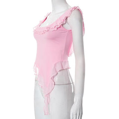 Rückenfreies Oberteil aus einfarbigem Netzstoff mit quadratischem Ausschnitt und Rüschen