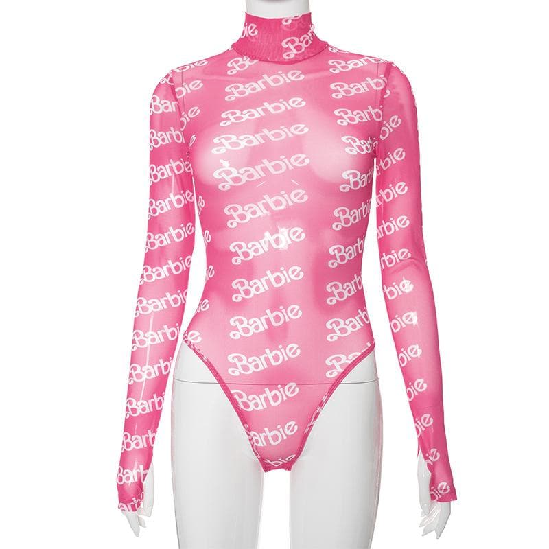 Hochgeschlossener, langärmliger Bodysuit aus transparentem Netzstoff mit Barbie-Print