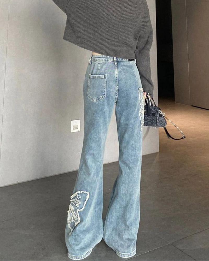 High Rise Flare Jeans mit Schmetterlings-Print