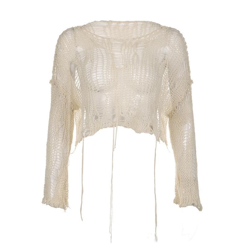 Crochet long sleeve solid hollow out round neck crop top