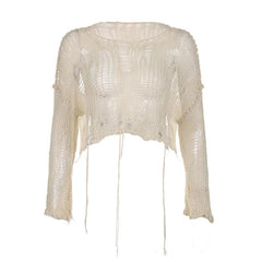 Crochet long sleeve solid hollow out round neck crop top