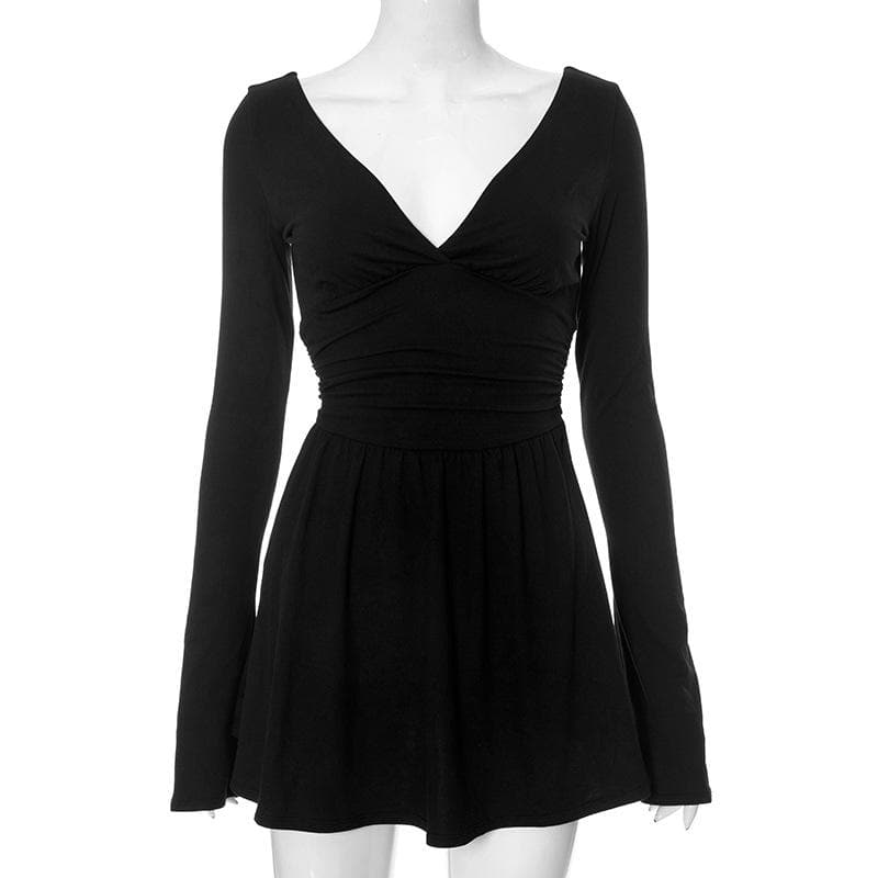 Langes, rückenfreies, einfarbiges Minikleid mit V-Ausschnitt und ausgestellten Ärmeln