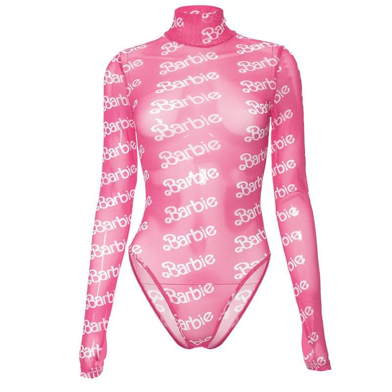 Hochgeschlossener, langärmliger Bodysuit aus transparentem Netzstoff mit Barbie-Print