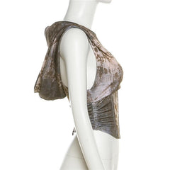 Ärmelloses, kontrastfarbenes Crop-Top mit Kapuze und Reißverschluss