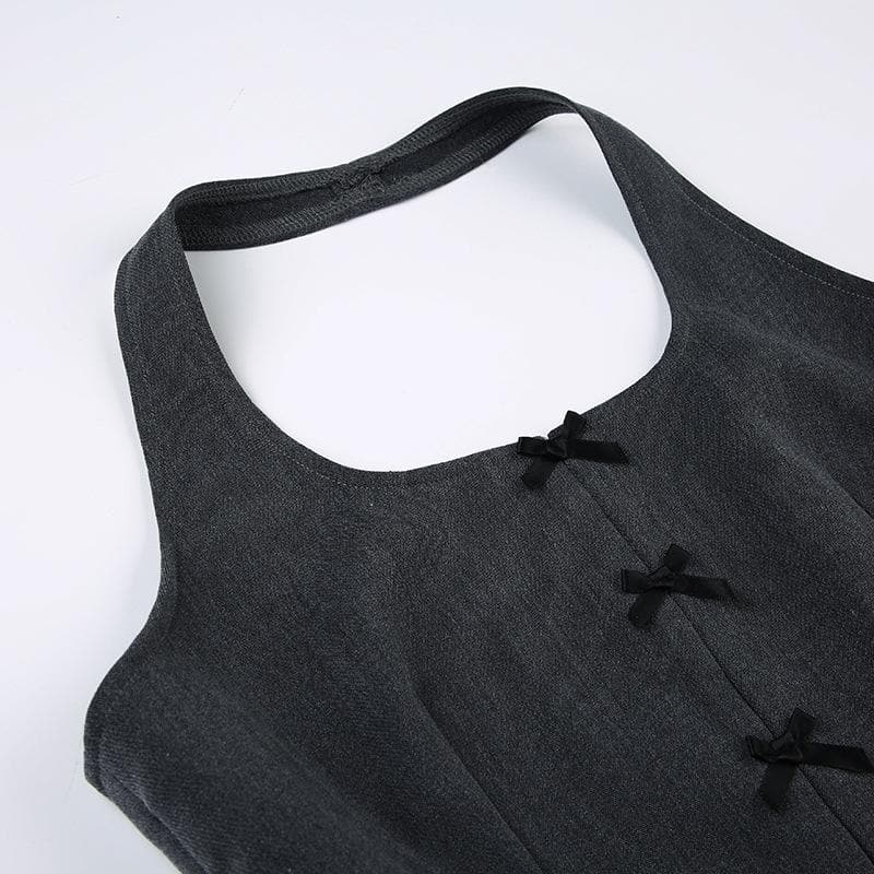 Halter bowknot slit backless zip-up sleeveless crop top
