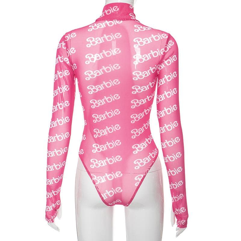 Hochgeschlossener, langärmliger Bodysuit aus transparentem Netzstoff mit Barbie-Print