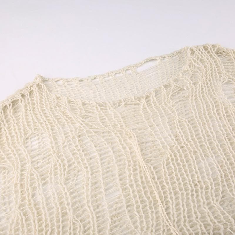 Crochet long sleeve solid hollow out round neck crop top