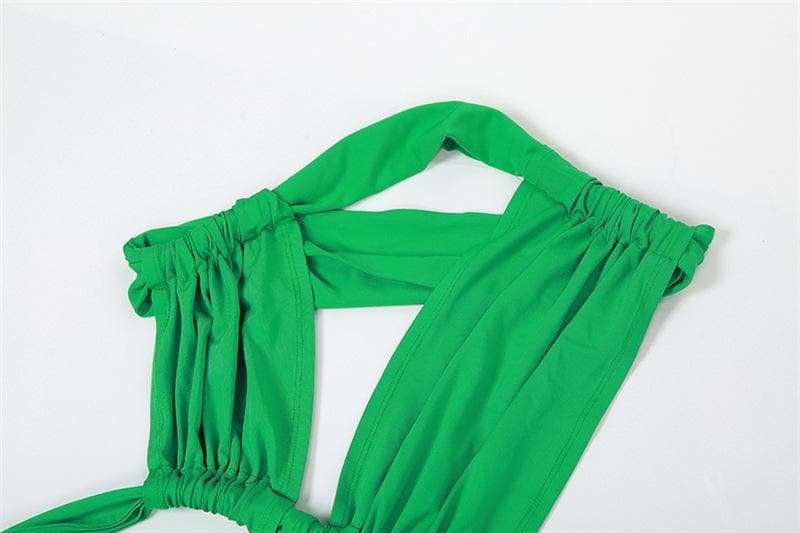 Neckholder-Maxikleid mit unregelmäßigem, einfarbigem Rückenausschnitt, Knoten und Rüschen