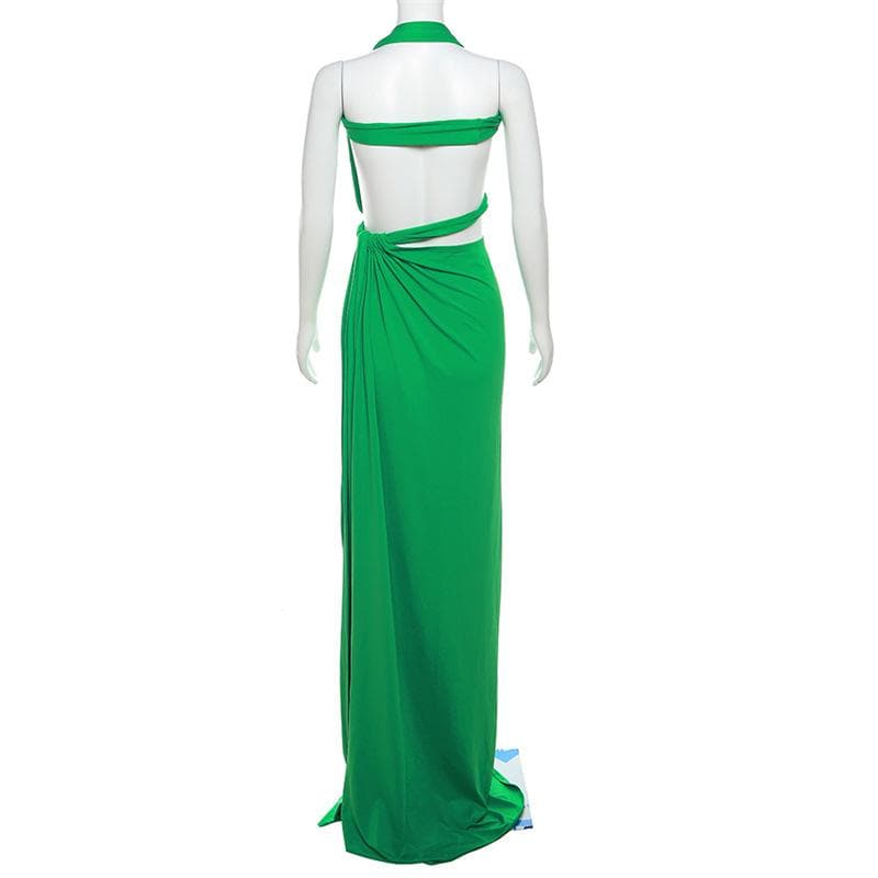 Neckholder-Maxikleid mit unregelmäßigem, einfarbigem Rückenausschnitt, Knoten und Rüschen