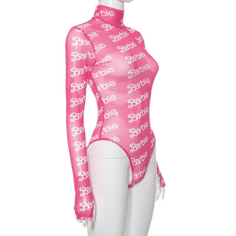 Hochgeschlossener, langärmliger Bodysuit aus transparentem Netzstoff mit Barbie-Print