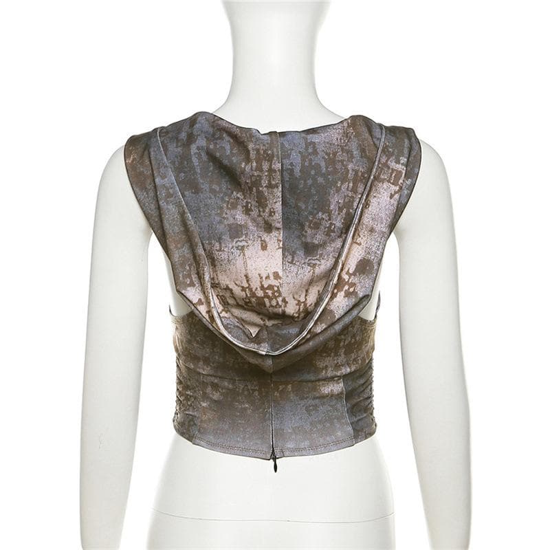 Ärmelloses, kontrastfarbenes Crop-Top mit Kapuze und Reißverschluss