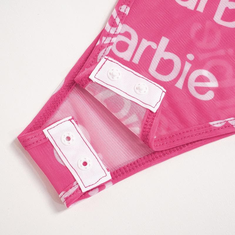Hochgeschlossener, langärmliger Bodysuit aus transparentem Netzstoff mit Barbie-Print