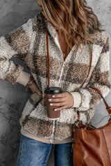 Khakifarbener Fleecemantel mit Reißverschluss und Kapuze und Karomuster