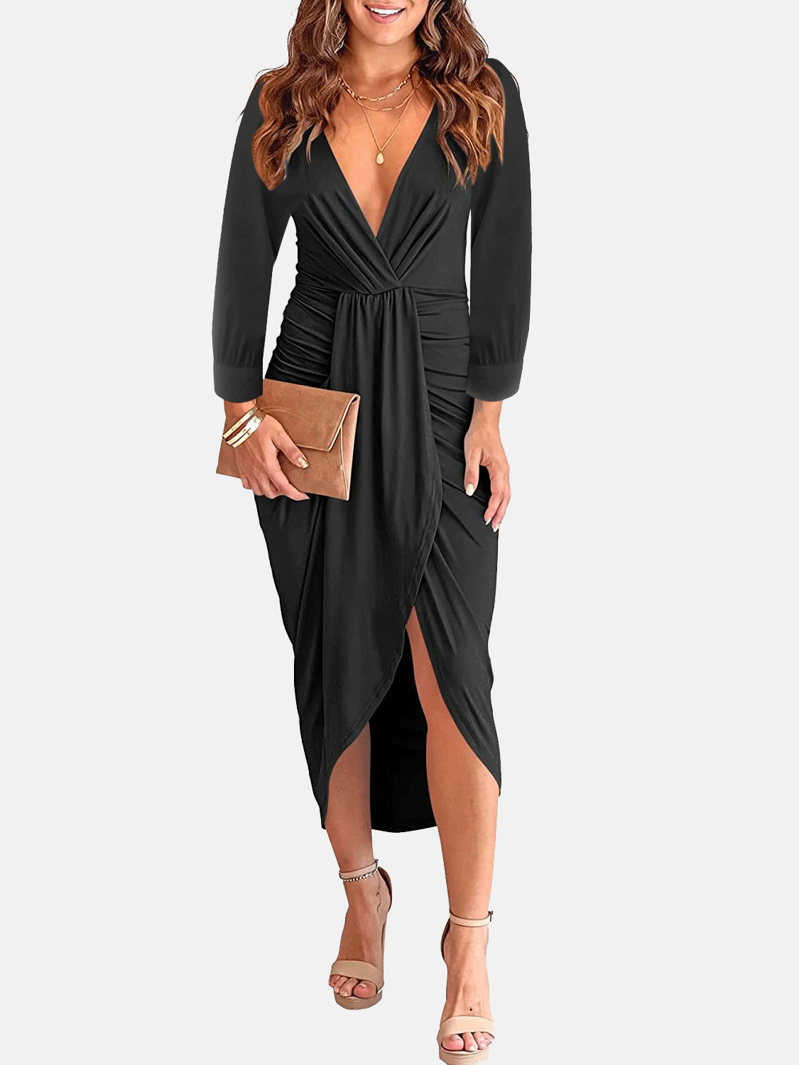 Gerüschtes Midikleid mit tiefem V-Ausschnitt