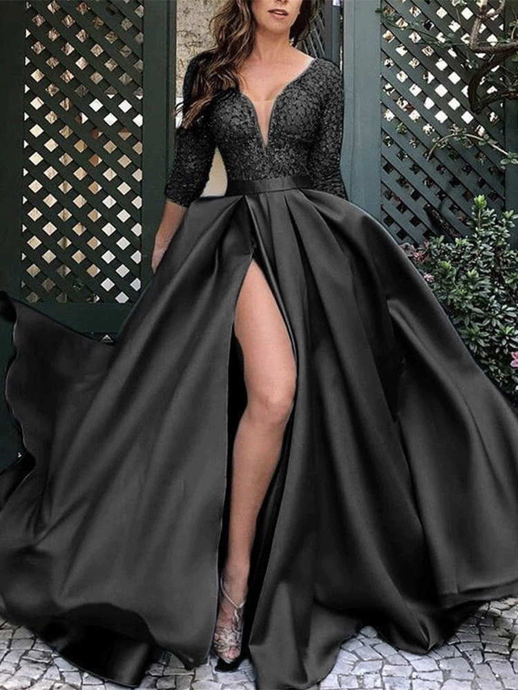 Maxikleid mit V-Ausschnitt, hohem Schlitz und Pailletten