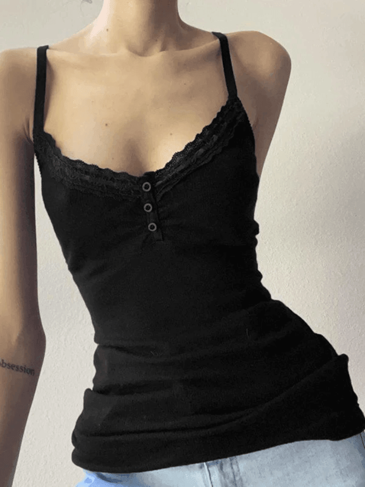 Schwarzes, geripptes Camisole-Top mit Spitzenbesatz