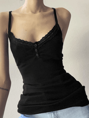 Schwarzes, geripptes Camisole-Top mit Spitzenbesatz
