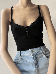 Schwarzes, geripptes Camisole-Top mit Spitzenbesatz