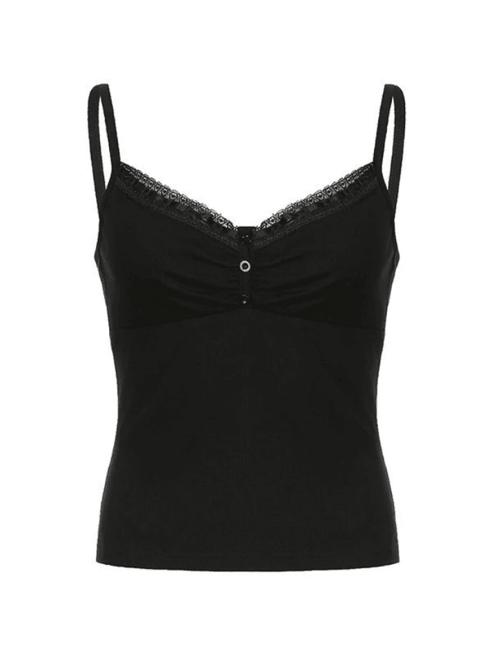 Schwarzes, geripptes Camisole-Top mit Spitzenbesatz