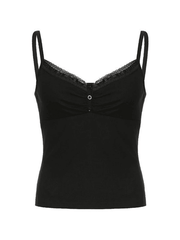 Schwarzes, geripptes Camisole-Top mit Spitzenbesatz
