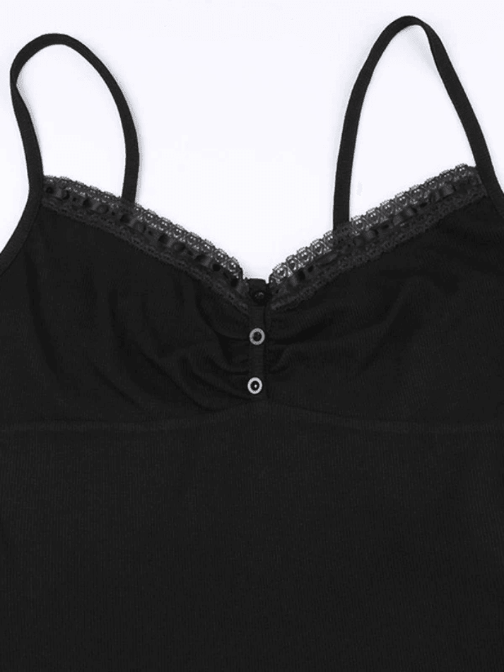 Schwarzes, geripptes Camisole-Top mit Spitzenbesatz